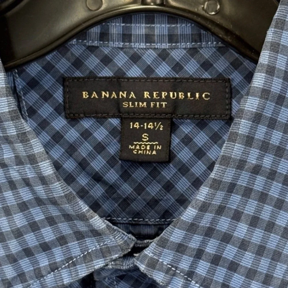 Banana Republic Mens Slim Fit Gingham Button Down Shirt Blue Check Small 14-14.5